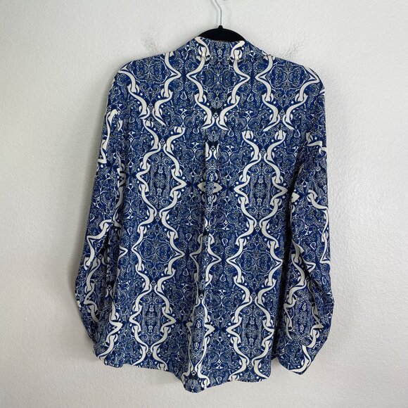 Express Portofino Shirt Womens Large Blue White Original Roll Tab Sleeve Blouse - Picture 7 of 8